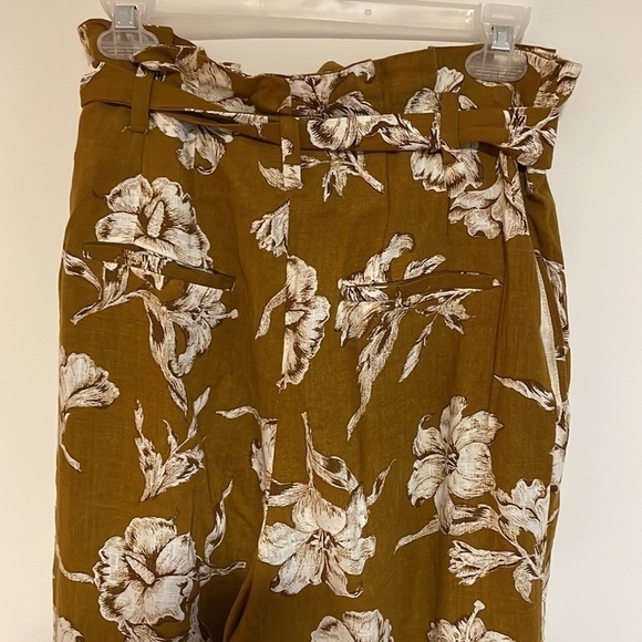 ZARA Paper Bag Waist Floral Pants Medium Tie Mustard Yellow Linen Straight - Picture 7 of 14